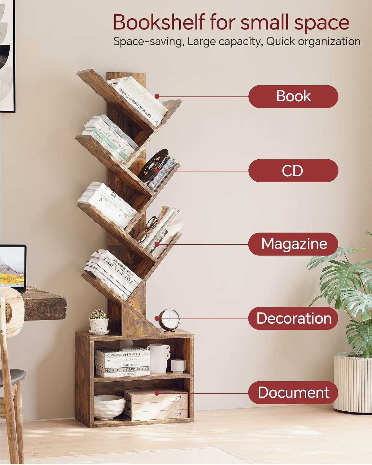 SUNMORY 6 Tier Tree Bookshelf, Small Bookcase with Storage Cabinet, Modern Tall Narrow Bookshelves Organizer, Floor Standing Book Shelf for Bedroom/Living Room/Home Office/Corner, Rustic Brown — Brown / 6 Tier-Standard (7)