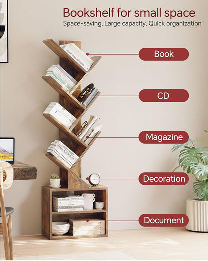 SUNMORY 6 Tier Tree Bookshelf, Small Bookcase with Storage Cabinet, Modern Tall Narrow Bookshelves Organizer, Floor Standing Book Shelf for Bedroom/Living Room/Home Office/Corner, Rustic Brown — Brown / 6 Tier-Standard (7)