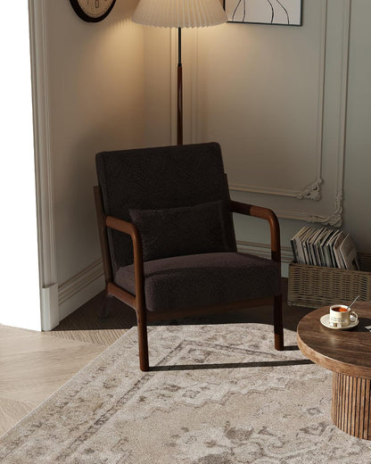 Garvee Mid-Century Chenille Accent Chair, Cozy Reading Chair, Modern Lounge Armchair with Lumbar Pillow, Solid Wood Frame, for Living Room, Bedroom, Office, Beige