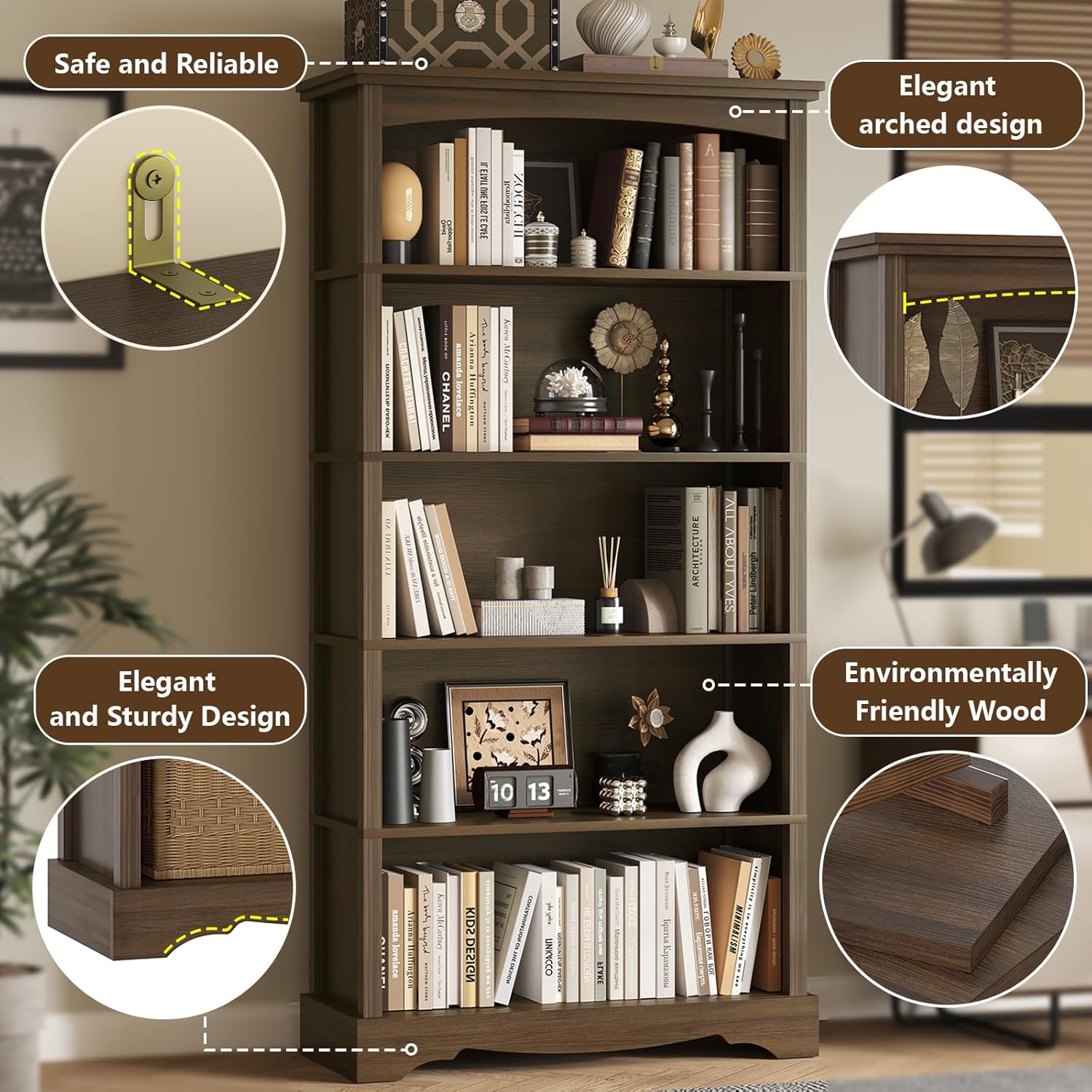 TVU 5-Tier Wooden Bookshelf, 31.5" W x 65" H ×9.9" D Bookshelf with Storage, Floor Standing Modern Style Display Bookcase for Living Room, Office, Study Room, Entryway, Brown — Brown / 5 Tier (5)