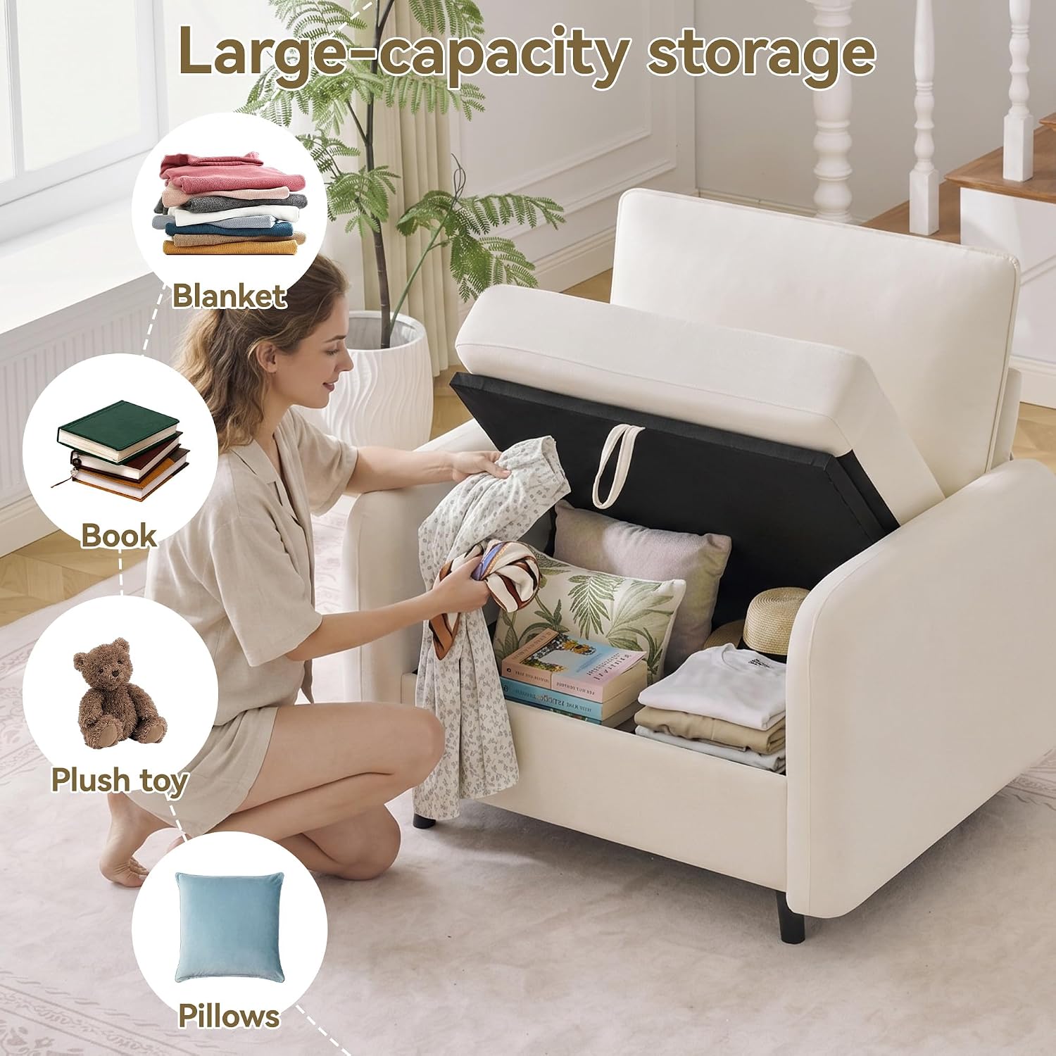 41" Oversized Accent Chair with Storage, Single Sofa for Living Room Beige | Modern Accent Chairs with Storage, Deep Seat Armchair Upholstered Comfy Reading Chair for Living Room, Bedroom, Chenille — Beige / 1PC Chair (3)
