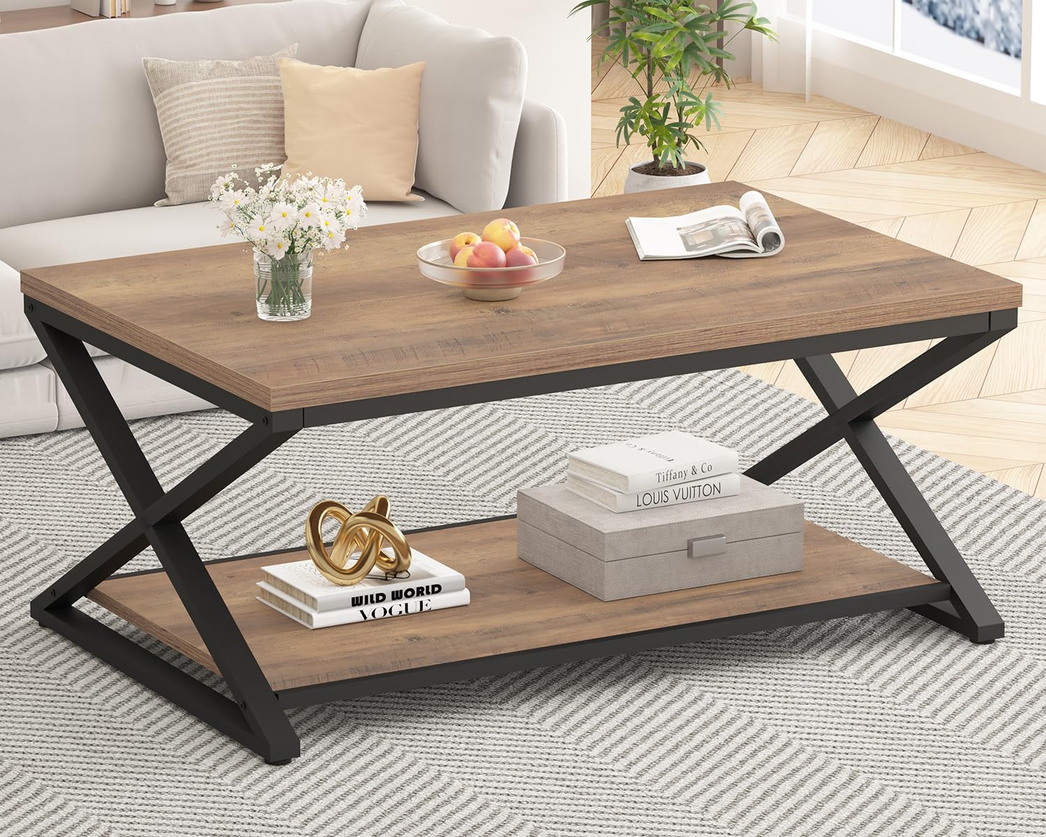 HSH Rustic Farmhouse Coffee Table, Modern Minimalist Wood and Metal Living Room Table, 2 Tie Rectangle Center Table with Storage & Display Shelf, Simple Office Cocktail Tea Table, Rustic Oak, 39 Inch — 39 Inch / Rustic Oak (3)