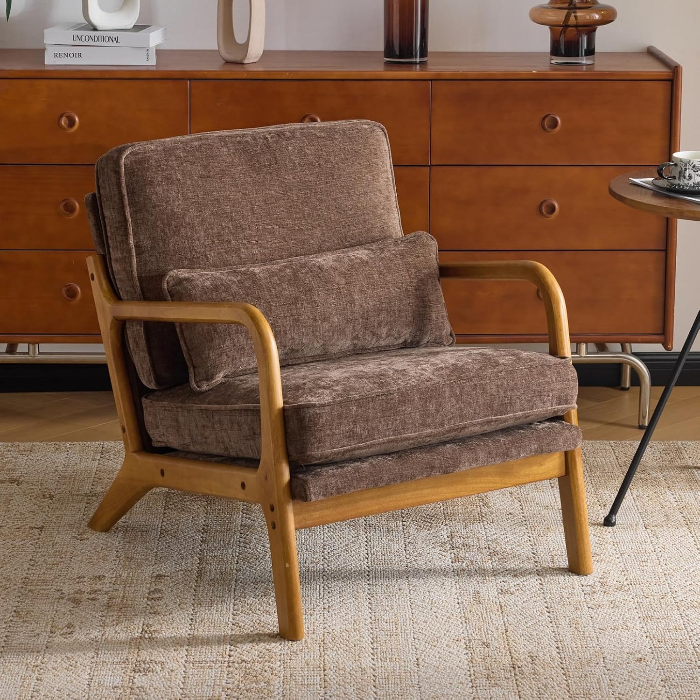 Karl home Mid-Century Modern Accent Reading Chair, Beige | Linen Upholstered, Solid Wood Frame, Soft Cushion, Lumbar Pillow, Lounge Armchair for Living Room, Bedroom, Balcony, Study — Chenille Brown