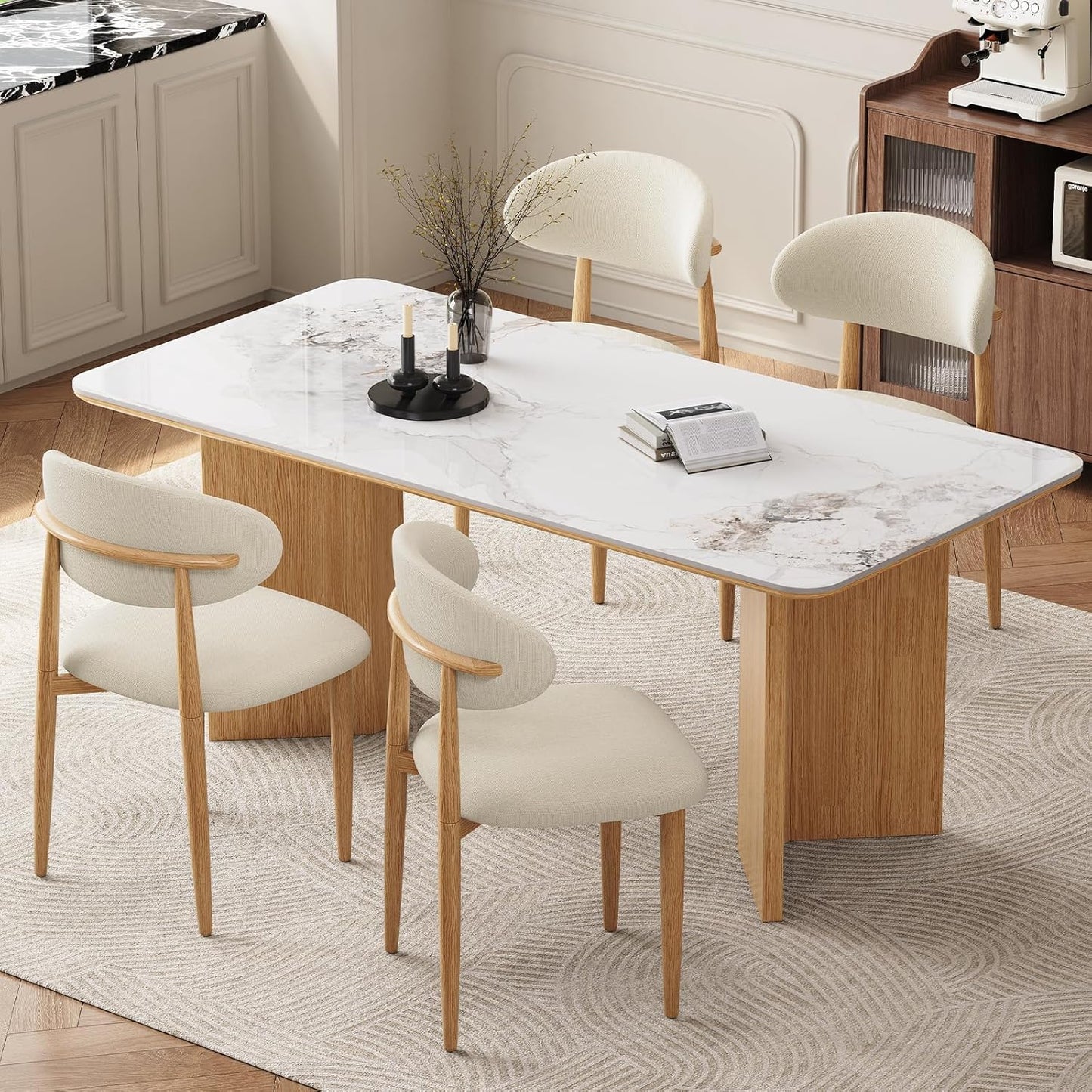 Dining Chairs Set of 4, Modern Fabric Upholstered Dining Room Chair MetalKitchen Chairs, Farmhouse Dinner Chair for Kitchen Dining Room, Beige — Beige Seat /Wood-grain Metal Legs / 4