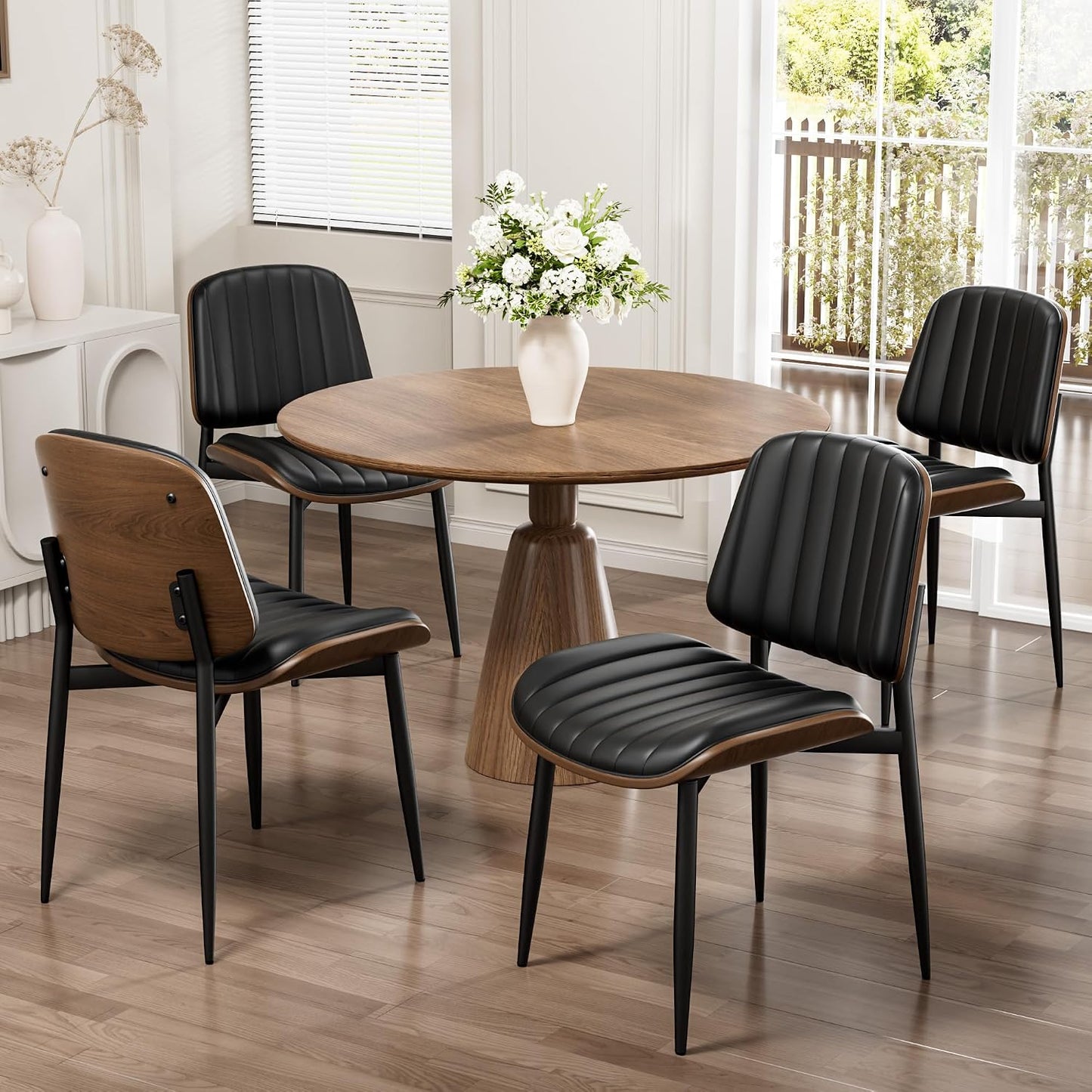 Dining Chairs Set of 4, Mid-Century Modern Upholstered PU Leather Chairs | with Walnut Bentwood Back and Metal Legs Adjustable Feet for Kitchen Dining Room, Black Shell Strips — Dark Black Vertical Stripes / 4