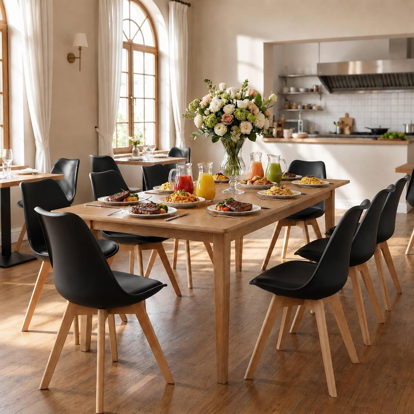 Dining Chairs Set of 4, Modern Upholstered Dining Room Chairs with PU Leather Padded Seat, Armless Kitchen Chairs with Curved Backrest and Solid Wood Legs for Dining Room, Kitchen, Apartment, Black — Black / Pack of 4 (8)