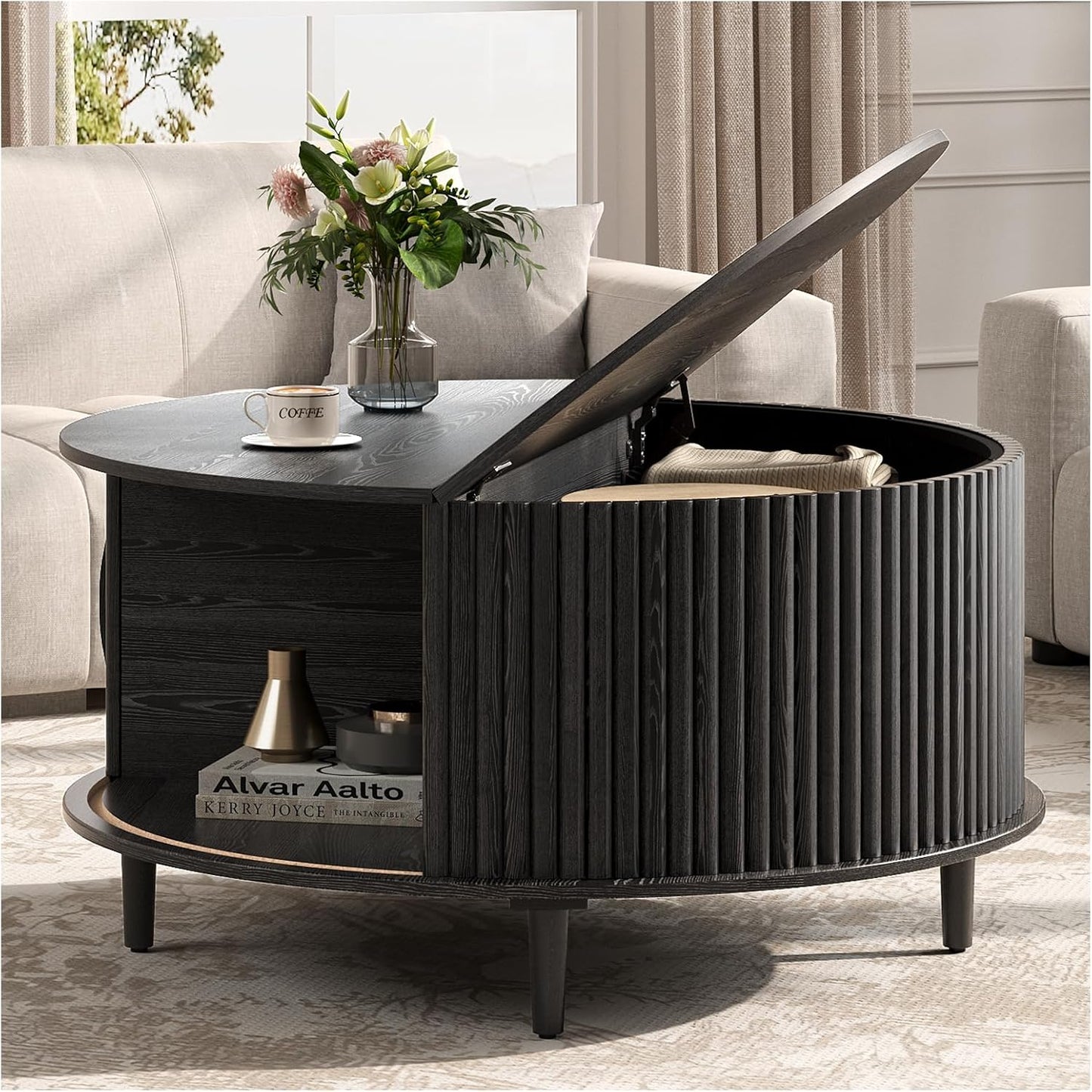 JOINICE 31.5" Round Coffee Table with Storage for Living Room, Walnut | Hidden Storage,Fluted Sliding Door,Mid Century Furniture for Small Apartments,Solid Wood Legs,Easy Assembly,Up to 110 lbs — Black_round