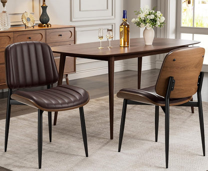 Dining Chairs Set of 4, Mid-Century Modern Upholstered PU Leather Chairs | with Walnut Bentwood Back and Metal Legs Adjustable Feet for Kitchen Dining Room, Camel Shell Strips — Dark Brown Vertical Stripes / 2