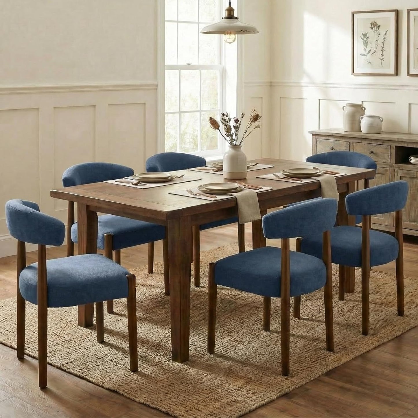 VKNOW Wooden Dining Chairs Set of 4, Modern Upholstered Dining Room Chairs with Walnut Wood Legs and Curved Backrest, Fabric Kitchen Chairs for Farmhouse/Living Room/Dining Room, Green — Set of 6 / Blue