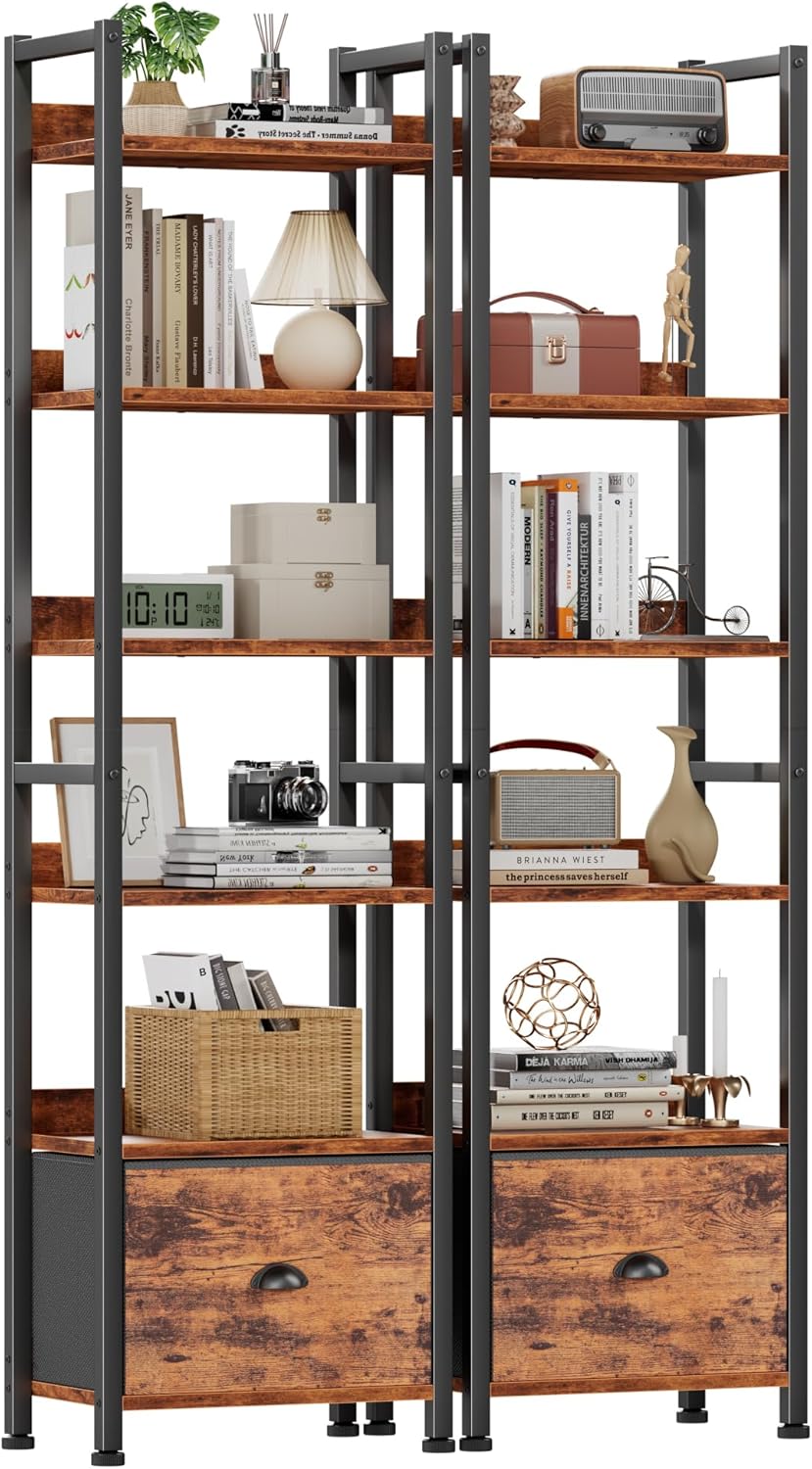 Furologee 5 Tier Bookshelf with Drawer, Tall Narrow Bookcase with Shelves, Wood and Metal Bookshelves Storage Organizer, Industrial Display Standing Shelf Unit for Bedroom, Living Room, Rustic Brown — Rustic Brown / 6 Tier-2 PCS