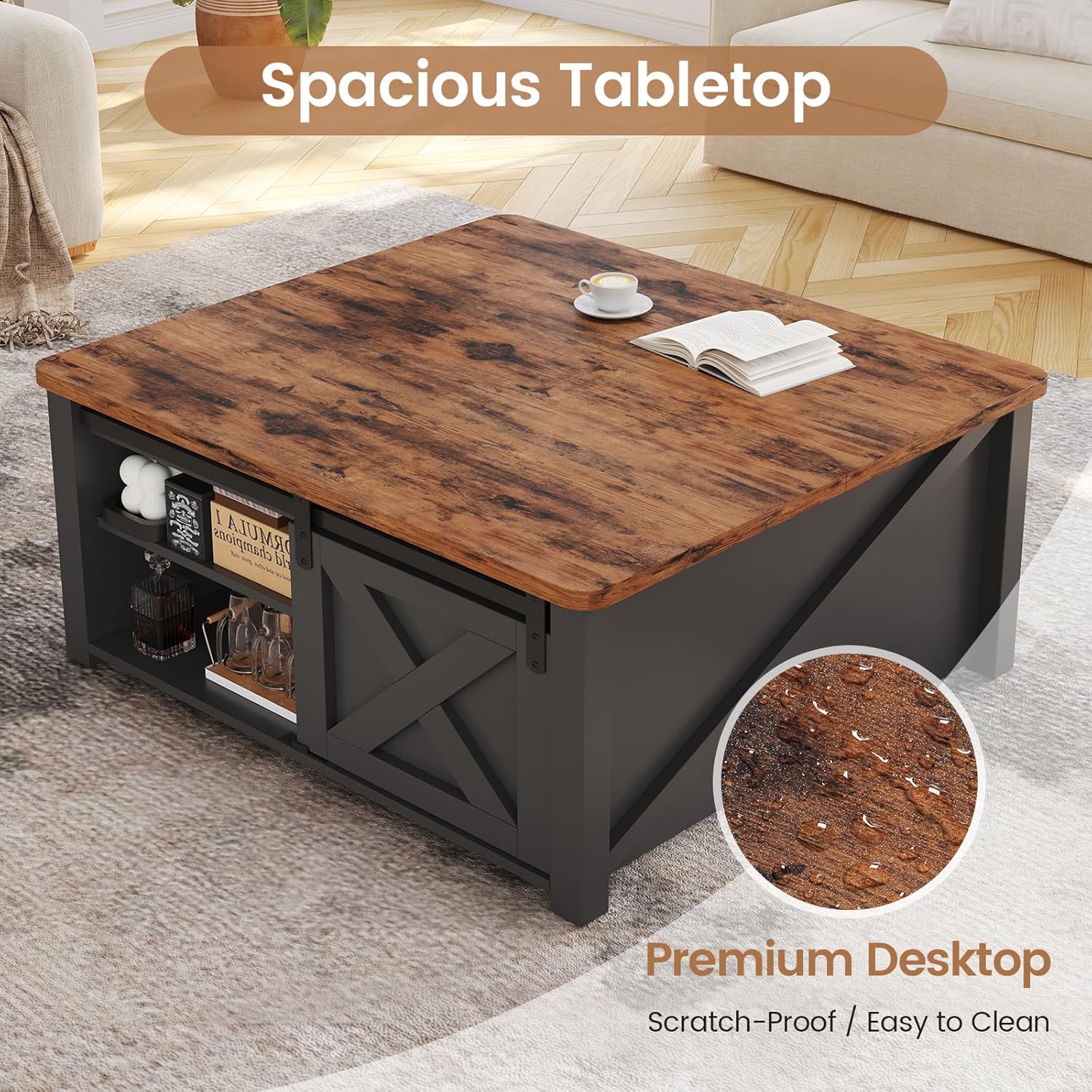 SEDETA 31.5" Lift Top Coffee Table with Storage, Square Coffee Tables for Living Room, Farmhouse Coffee Table with Large Hidden Storage Compartment and Adjustable Shelves, Black — Black (5)