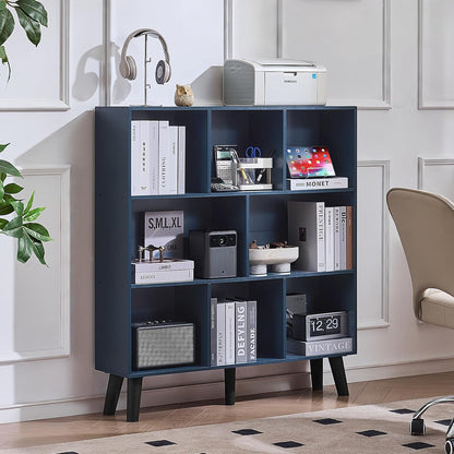 LEYAOYAO Cube Bookshelf 3 Tier Mid-Century Rustic Brown Modern Bookcase with Legs,Retro Wood Bookshelves Storage Organizer Shelf,Freestanding Open Book Shelves for Bedroom,Living Room,Office — Dark Blue / 8 Cube with Legs