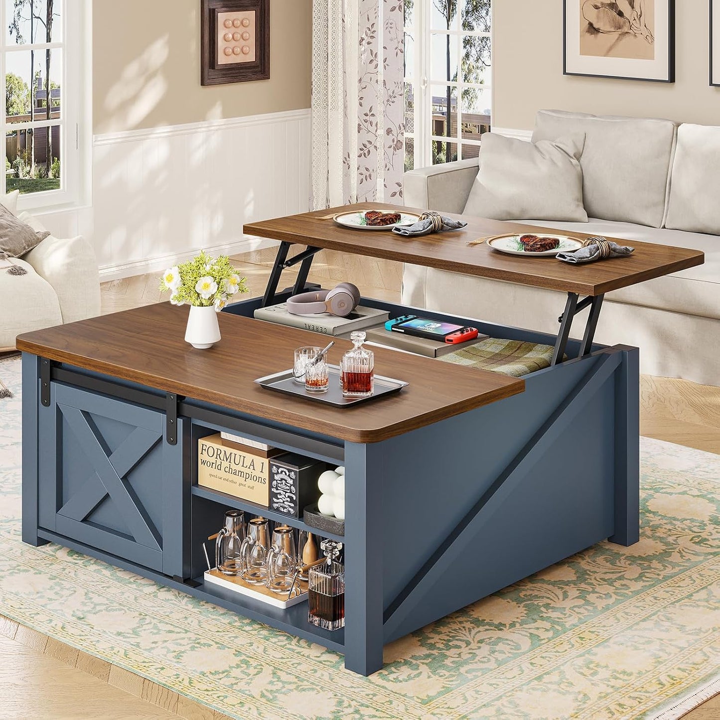 SEDETA 31.5" Lift Top Coffee Table with Storage, Square Coffee Tables for Living Room, Farmhouse Coffee Table with Large Hidden Storage Compartment and Adjustable Shelves, Black — Blue