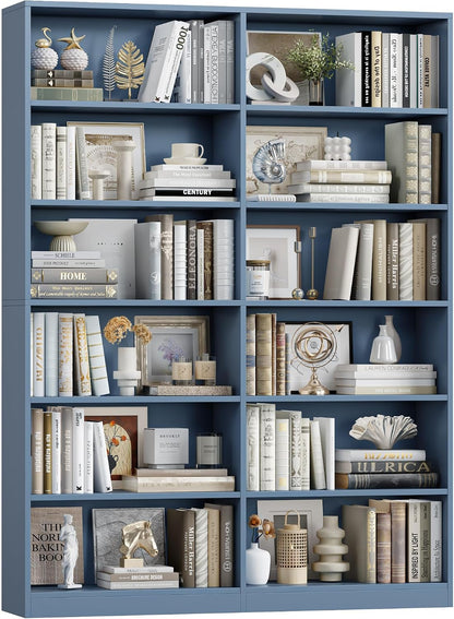 FACBOTALL Bookshelf and Bookcase, 6-Tier Double Wide Bookshelves,Freestanding Display Storage Shelves, Tall Bookcases for Home Decor Bedroom, Living Room, Home Office, Light Oak — Blue