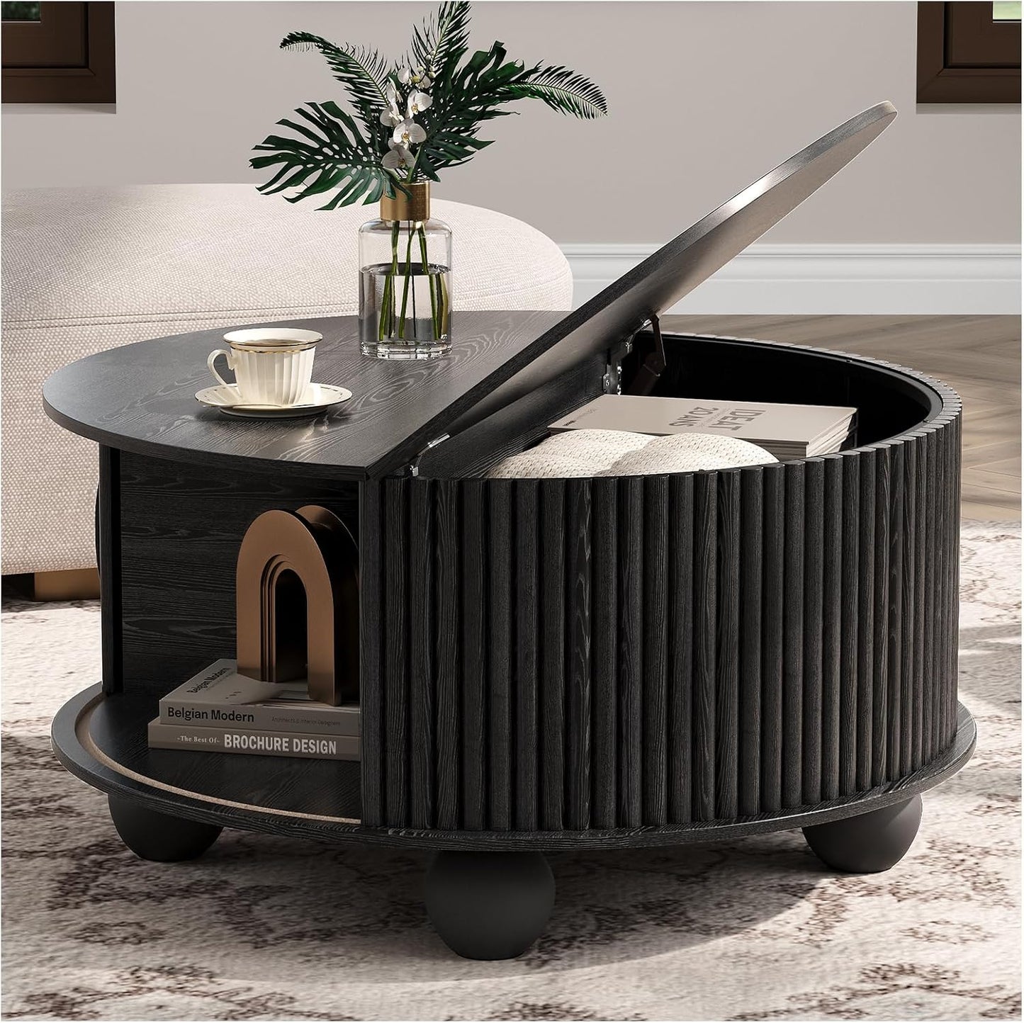 JOINICE 31.5" Round Coffee Table with Storage for Living Room, Walnut | Hidden Storage,Fluted Sliding Door,Mid Century Furniture for Small Apartments,Solid Wood Legs,Easy Assembly,Up to 110 lbs — Black_round (Bun Feet)