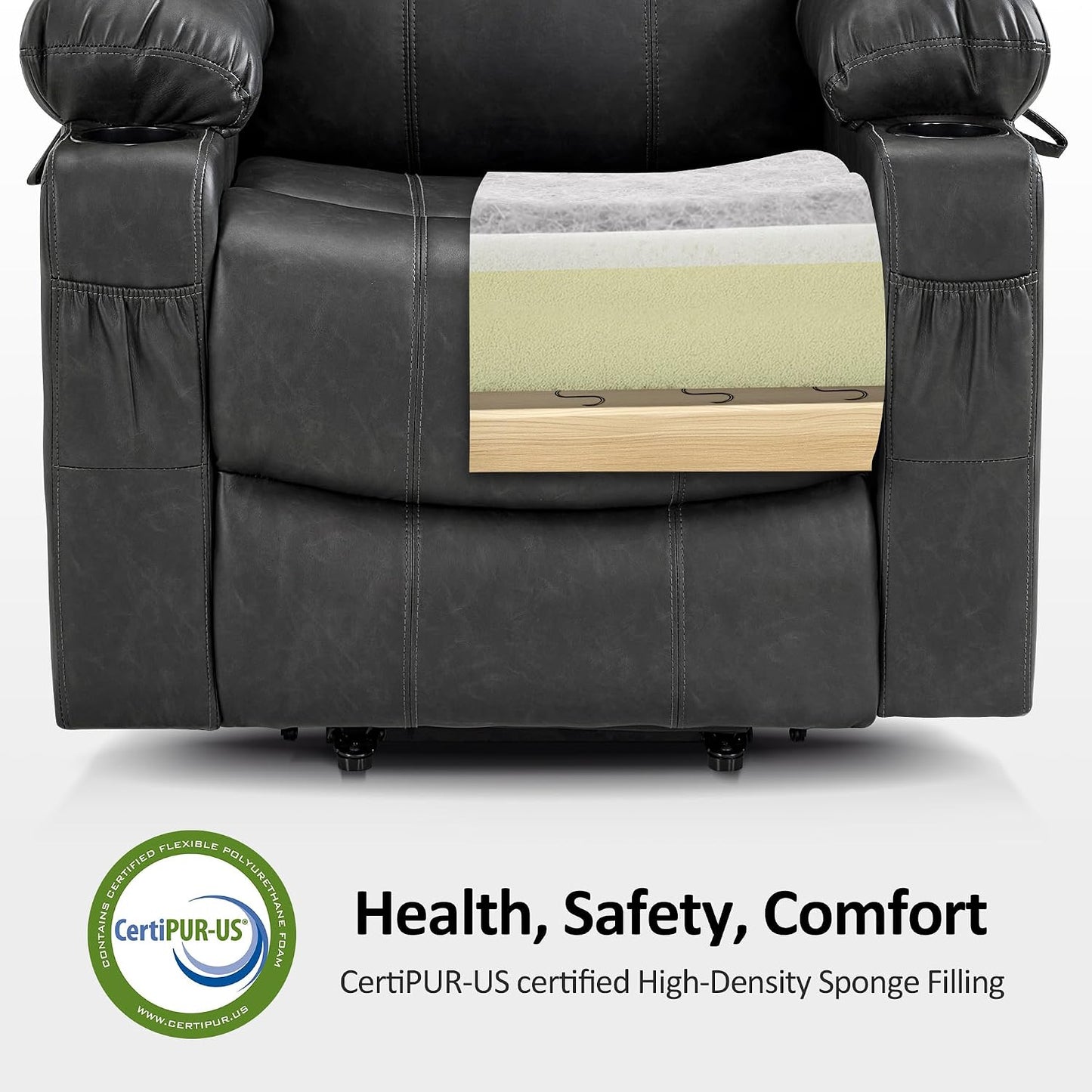 MCombo Electric Power Lift Recliner Chair Sofa with Massage and Heat for Elderly, 3 Positions, 2 Side Pockets, and Cup Holders, USB Ports, Faux Leather 7040 (Grey, Medium) — Medium / Grey (6)