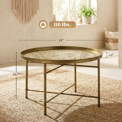 HOMCOM 24" Round Coffee Table with Hammered Tray Top, Vintage Metal Center Table for Living Room, Bedroom, Side Table, Gold — Gold (3)