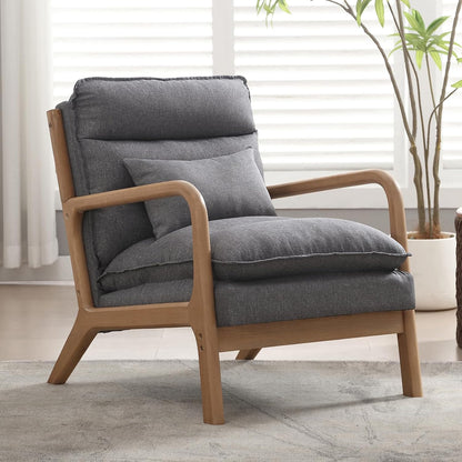 INZOY Mid Century Modern Accent Chair with Wood Frame, Upholstered Living Room Chairs with Waist Cushion, Reading Armchair for Bedroom Sunroom (Beige) — Grey / Classic