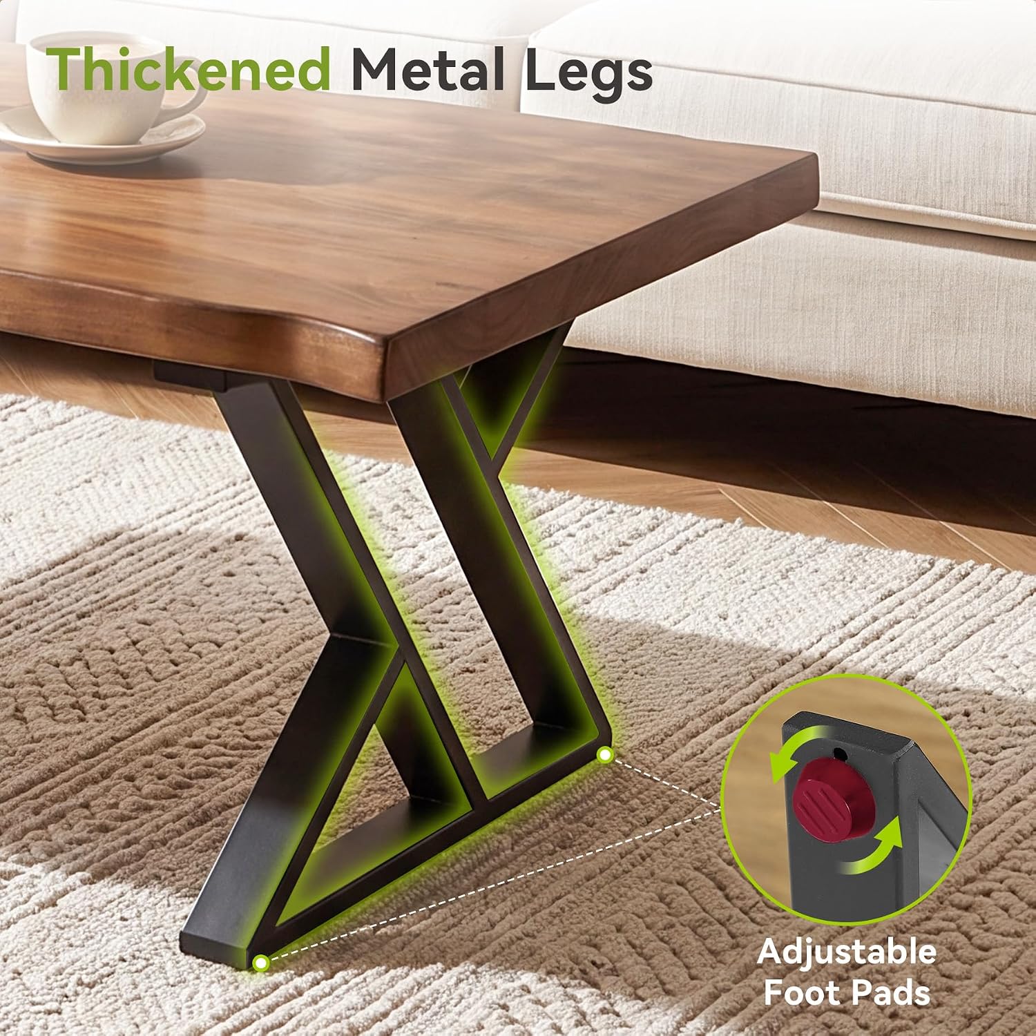 47 Inch Solid Wood Coffee Table with X-Shaped Metal Legs for Living Room | Pinewood Tabletop, Wavy Sihouette Design, Adjustable Foot Pads, Spacious Accent Center Table for Daily Storage & Display