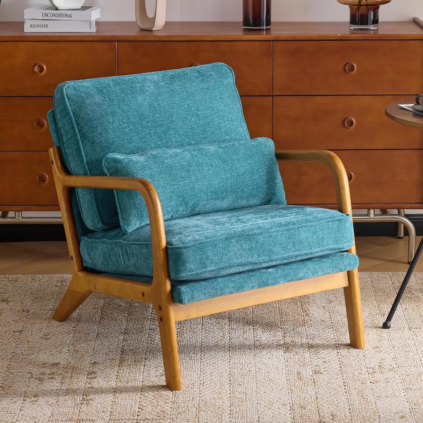 Karl home Mid-Century Modern Accent Reading Chair, Beige | Linen Upholstered, Solid Wood Frame, Soft Cushion, Lumbar Pillow, Lounge Armchair for Living Room, Bedroom, Balcony, Study — Chenille Teal
