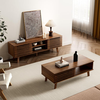 Furniway Mid Century Modern Coffee Table, Wood Coffee Table with Storage, Farmhouse Table for Living Room, Apartment, Walnut — Walnut (5)