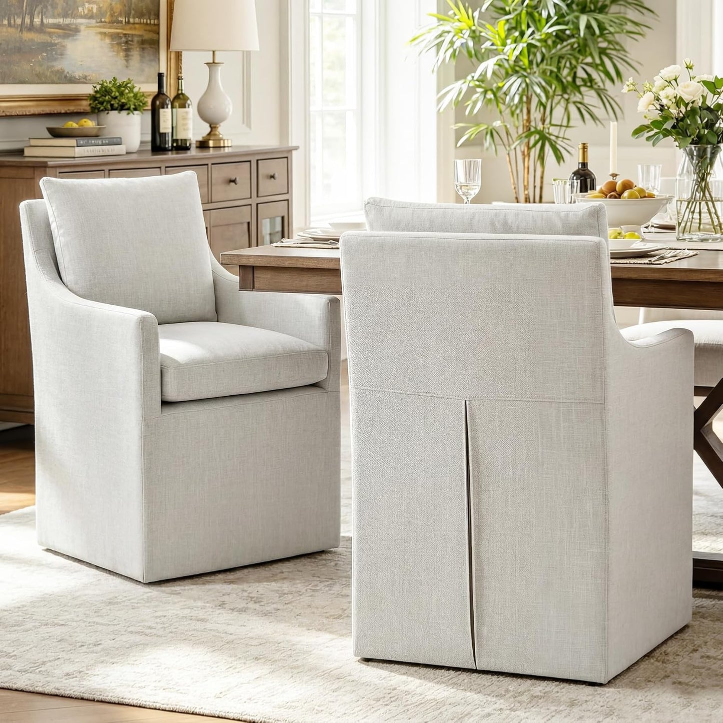 DUHOME Upholstered Dining Chair Set of 2 360 Swivel Linen Accent Armchair | Pre-Assembled Modern Rolling Armchair with Silent Casters, Beige Linen Accent Chair for Dining Room Living Room Bedroom — Beige / 2PCS