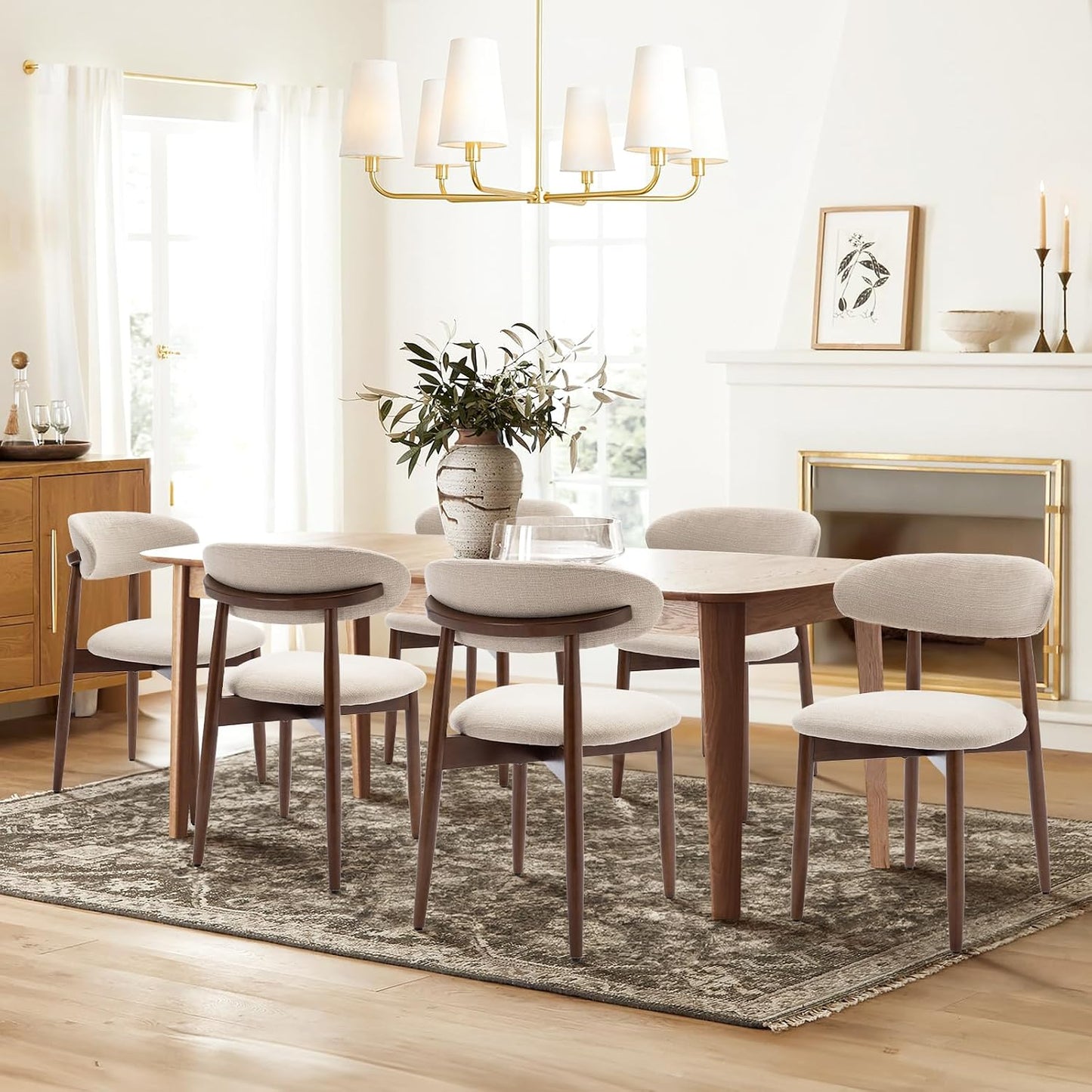 COLAMY Wooden Dining Chairs Set of 4, Modern Fabric Upholstered Kitchen Side Chairs, Farmhouse Dining Room Chair with Foot Pegs, Beige — Beige / Set of 4 (8)