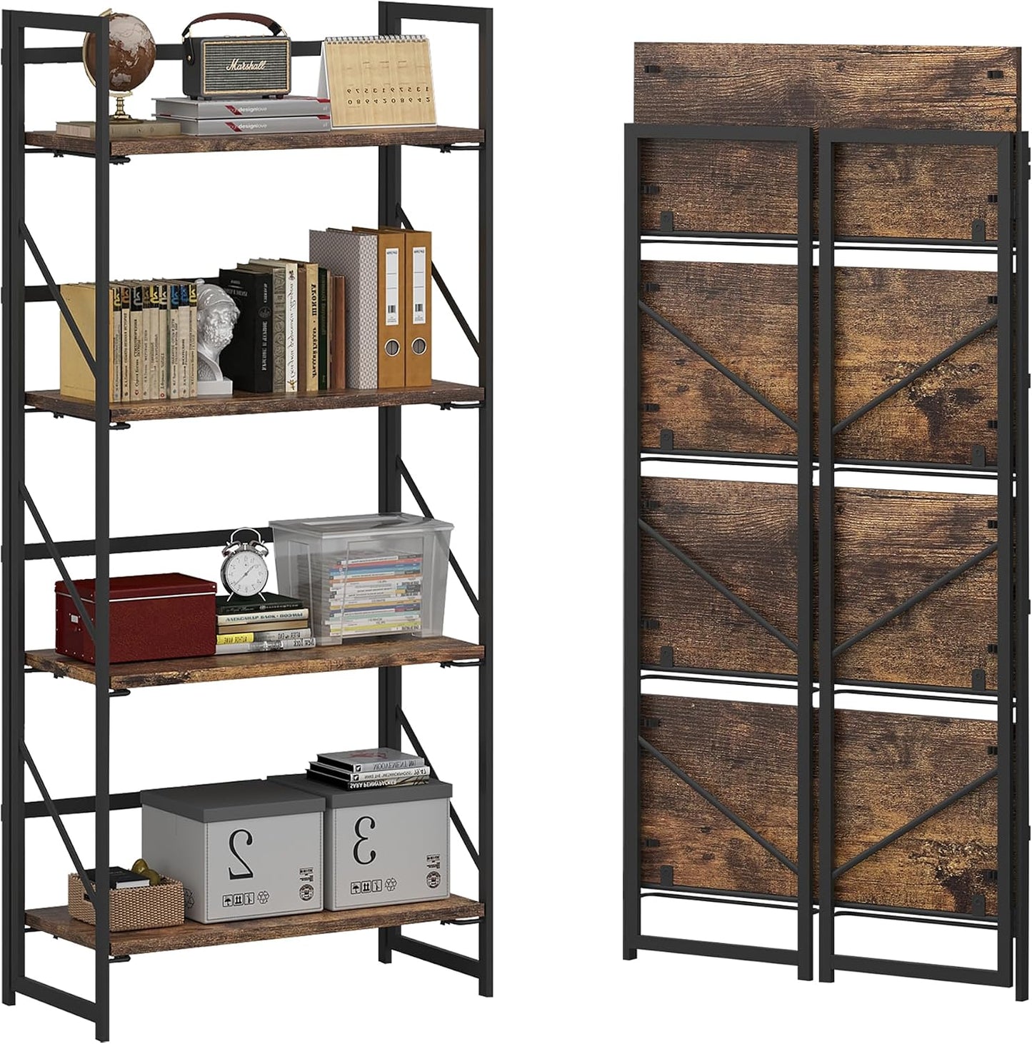 JSB No Assembly Folding Bookshelf, 4 Tier Industrial Metal Book Shelf for Storage, Vintage Wood Foldable Bookcase for Living Room, Bedroom, Office Organization Shelves — Fire Brown / Flat Tube 4-Tier