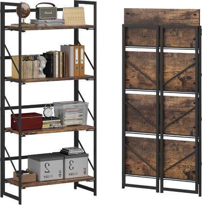 JSB No Assembly Folding Bookshelf, 4 Tier Industrial Metal Book Shelf for Storage, Vintage Wood Foldable Bookcase for Living Room, Bedroom, Office Organization Shelves — Fire Brown / Flat Tube 4-Tier