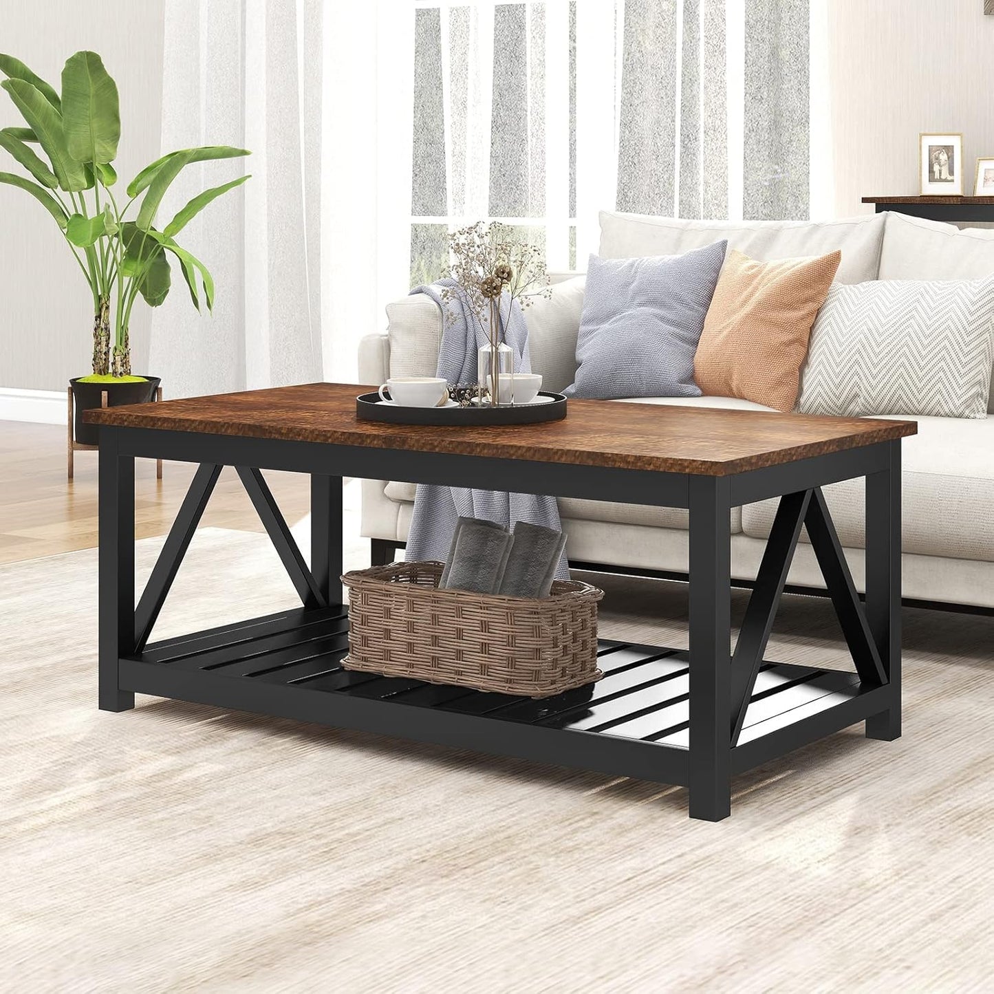 ChooChoo Farmhouse Coffee Table, Rustic Vintage Living Room Table with Shelf, 40 White — Black / 40 Inches