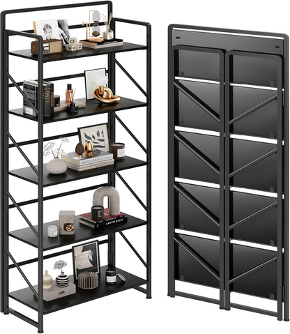 JSB No Assembly Folding Bookshelf, 4 Tier Industrial Metal Book Shelf for Storage, Vintage Wood Foldable Bookcase for Living Room, Bedroom, Office Organization Shelves — Black / 5-Tier