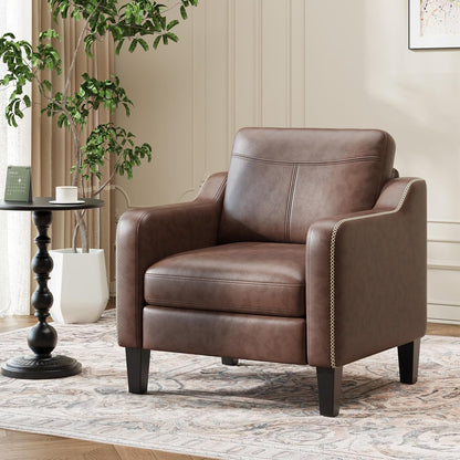 MALOL PU Leather Accent Chair, Mid-Century Modern Living Room Armchair Sofa with Removable Cushions, Solid Wood Frame & Stitched Armrest Design, Bedroom Chair with Plastic Legs, Chocolate Brown — Chocolate Brown / Set of 1 (6)