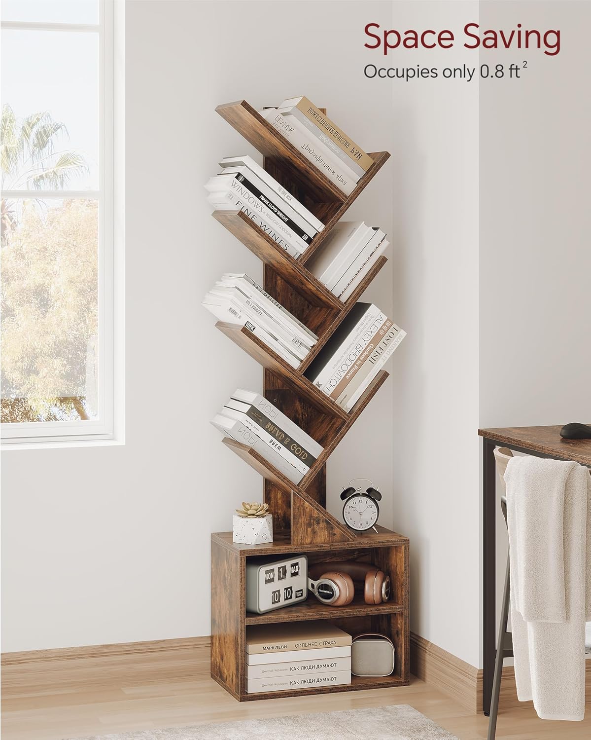 SUNMORY 6 Tier Tree Bookshelf, Small Bookcase with Storage Cabinet, Modern Tall Narrow Bookshelves Organizer, Floor Standing Book Shelf for Bedroom/Living Room/Home Office/Corner, Rustic Brown — Brown / 6 Tier-Standard (3)