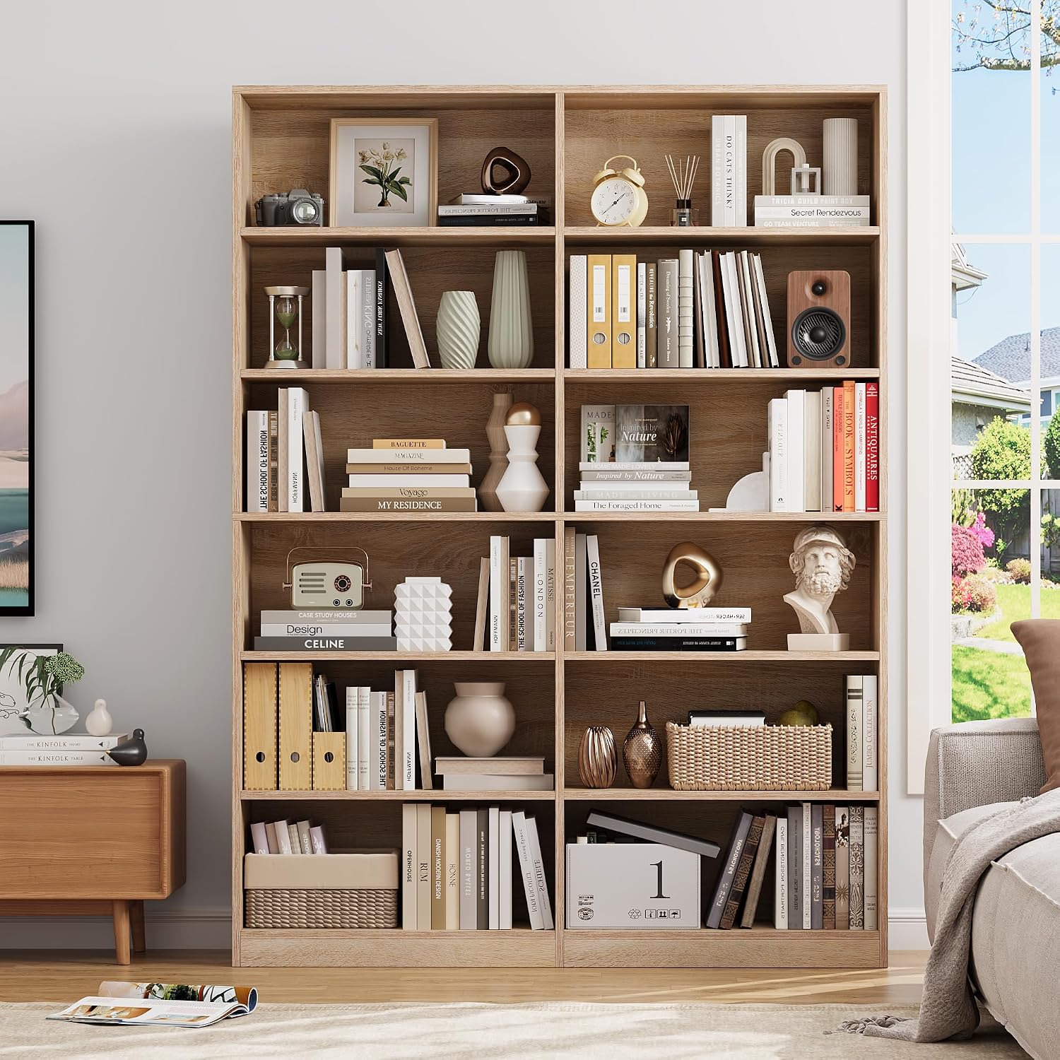 FACBOTALL Bookshelf and Bookcase, 6-Tier Double Wide Bookshelves,Freestanding Display Storage Shelves, Tall Bookcases for Home Decor Bedroom, Living Room, Home Office, Light Oak — Light Oak (4)