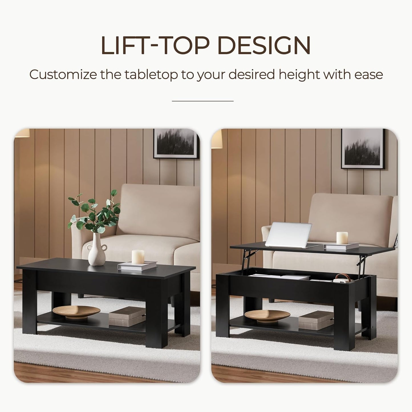 Yaheetech Wooden Coffee Table, Lift Top Coffee Table with Large Hidden Storage Shelf, Lift Tabletop Dining Tables for Living Room, Home Small Space, 38.6in, Black — Black / 38.6 inches (4)