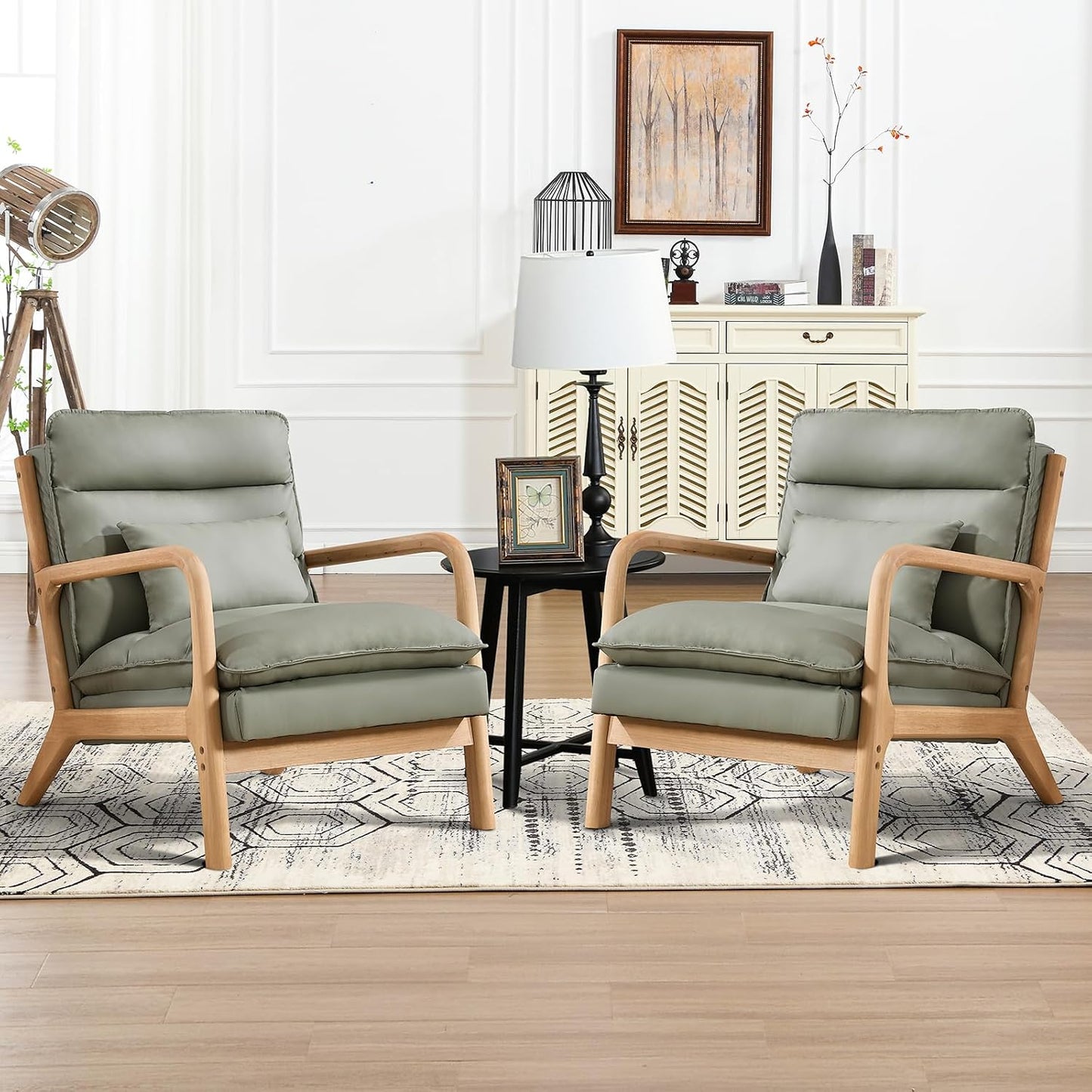 INZOY Mid Century Modern Accent Chair with Wood Frame, Upholstered Living Room Chairs with Waist Cushion, Reading Armchair for Bedroom Sunroom (Beige) — Green / Farmhouse