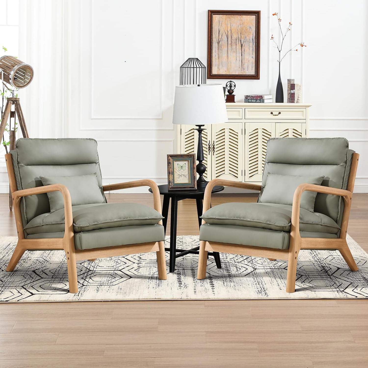 INZOY Mid Century Modern Accent Chair with Wood Frame, Upholstered Living Room Chairs with Waist Cushion, Reading Armchair for Bedroom Sunroom (Beige) — Green / Farmhouse
