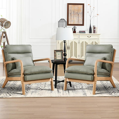 INZOY Mid Century Modern Accent Chair with Wood Frame, Upholstered Living Room Chairs with Waist Cushion, Reading Armchair for Bedroom Sunroom (Beige) — Green / Farmhouse