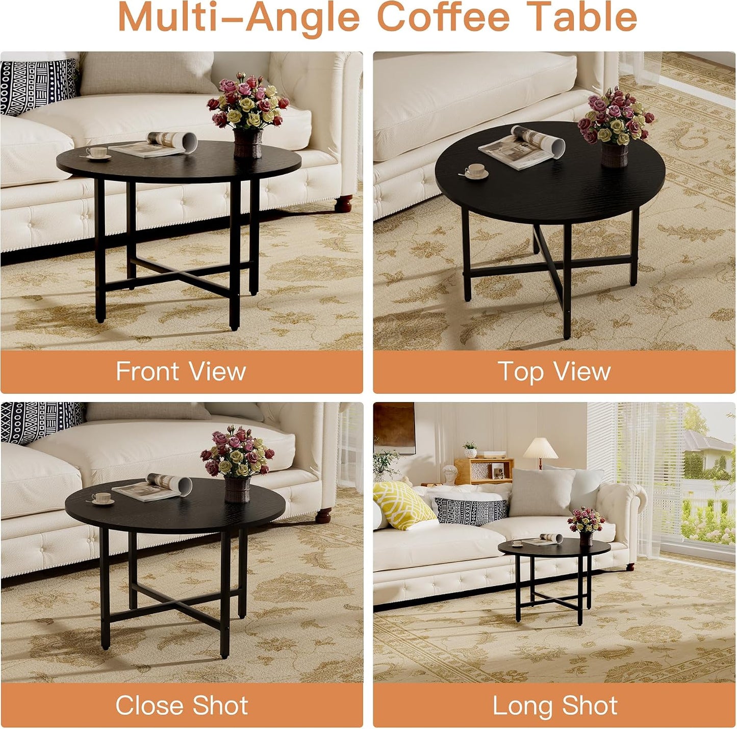 FAMIDGE Coffee Table, 23.6" Coffee Tables for Living Room, Round Coffee Table with Metal Frame, Floor Table for Sitting on The Floor, Home, Office, Black — Black / 1 Tier (4)