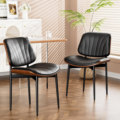 YaFiti Mid Century Dining Chairs Set of 4 with Walnut Bentwood, Greige | Ergonomic Walnut Backrest, Upholstered Waterproof PU Leather Seat, Stable Metal Legs, Adjustable Footpads, Apartment Friendly — Black Scallop / 2