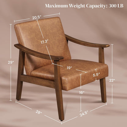Yaheetech Faux Leather Accent Chair, Mid-Century Modern Armchair with Solid Wood Legs, Reading Leisure Chair with High Back for Living Room Bedroom Waiting Room, Set of 2, Brown — Brown / Faux Leather (3)