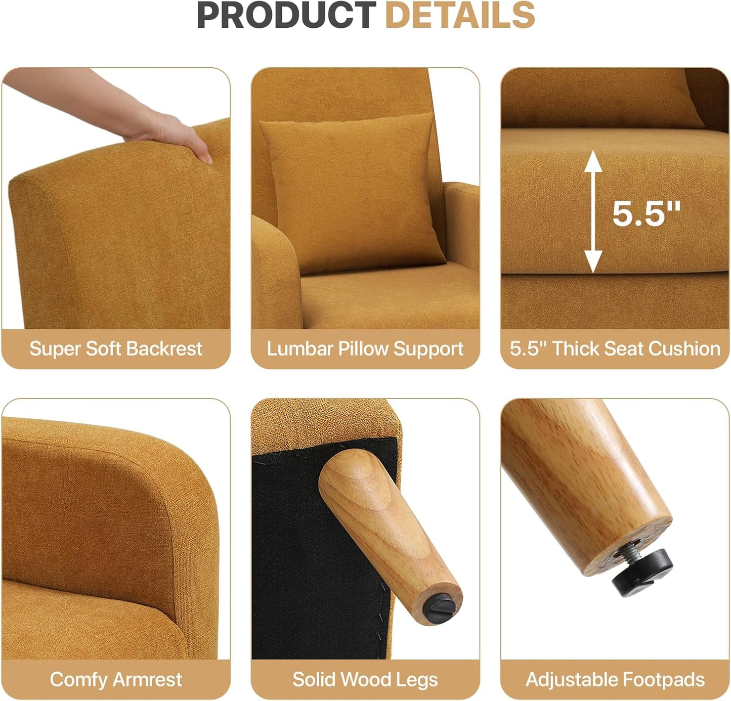 Magshion Accent Chair for Living Room, Comfy Mid-Century Reading Chair for Bedroom, Upholstered Linen Fabric Armchair Single Sofa with Back Pillow & Wood Legs, 300 lbs Capacity, Yellow — Yellow (9)