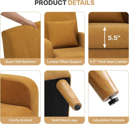 Magshion Accent Chair for Living Room, Comfy Mid-Century Reading Chair for Bedroom, Upholstered Linen Fabric Armchair Single Sofa with Back Pillow & Wood Legs, 300 lbs Capacity, Yellow — Yellow (9)