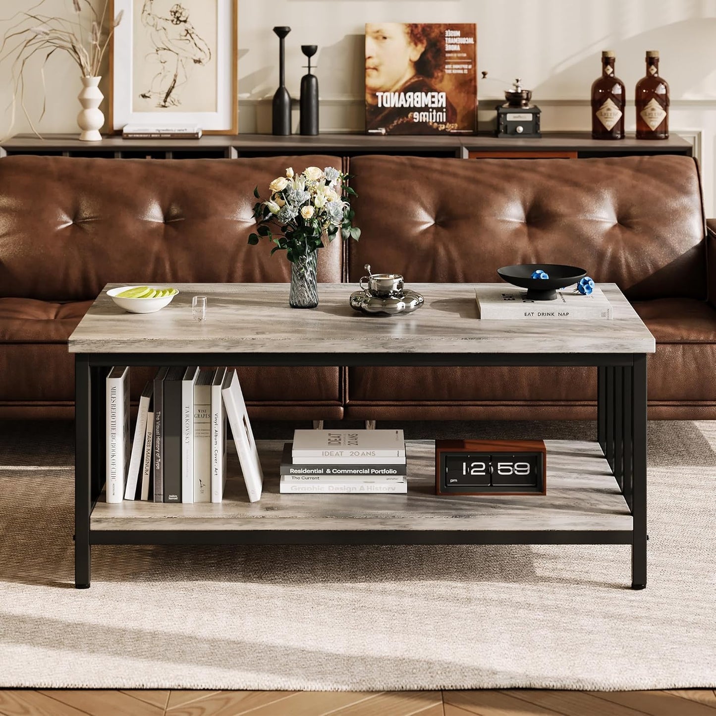 Homeiju Coffee Table for Living Room with Slatted Sides Frame, Modern Farmhouse Living Room Table with 2-Tier Storage Shelf for Home Office, Apartment, Grey Wash, 39 inch — 39.4L*21.6W*18.1H / Grey Wash (2)