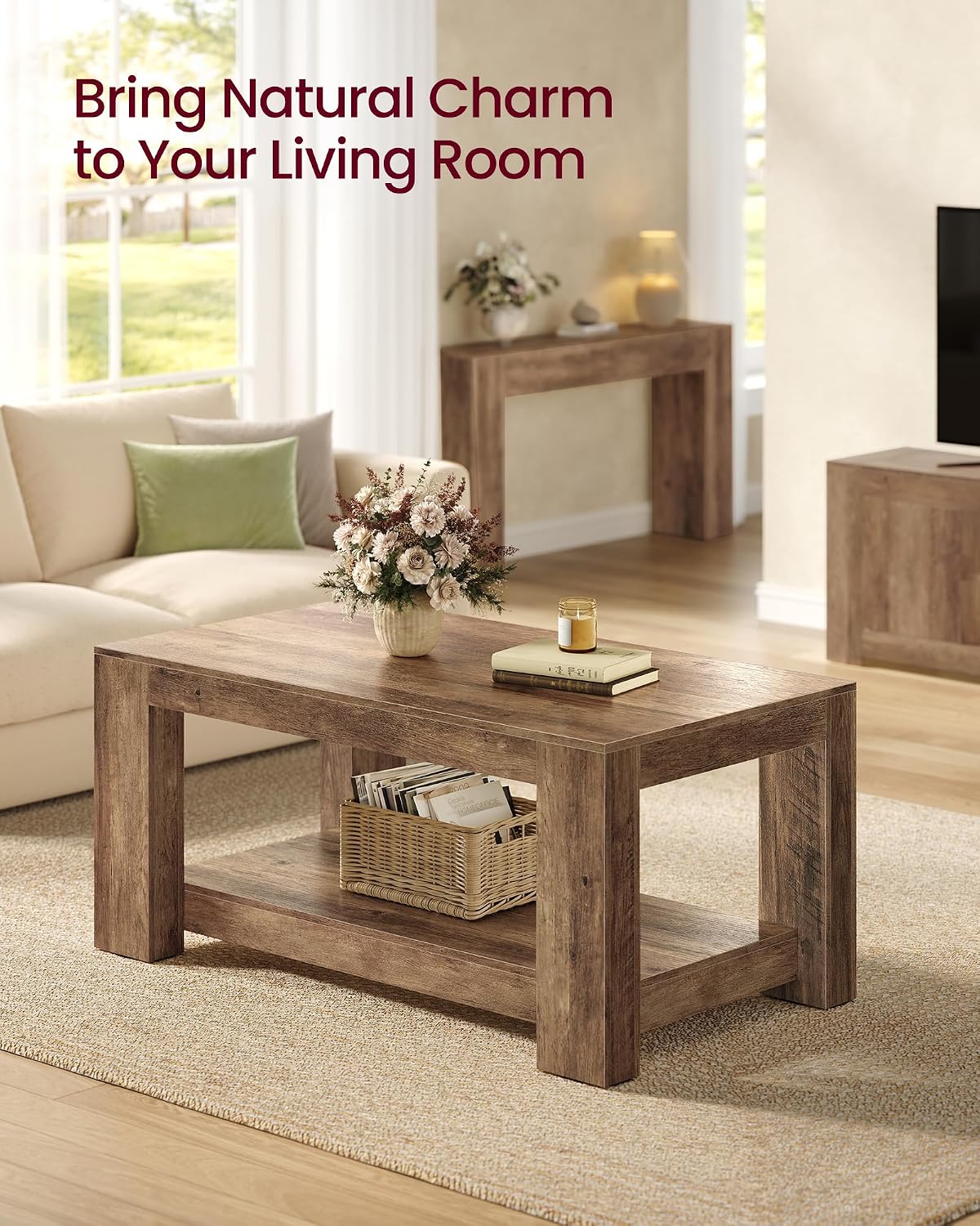 VASAGLE Coffee Table, 2-Tier Center Table with Rustic Charm and Clean Lines, Farmhouse Style, for Living Room, 21.7 x 39.4 x 17.7 in, Honey Brown, Koni Collection ULCT270K101 — Honey Brown (4)