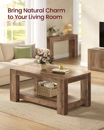 VASAGLE Coffee Table, 2-Tier Center Table with Rustic Charm and Clean Lines, Farmhouse Style, for Living Room, 21.7 x 39.4 x 17.7 in, Honey Brown, Koni Collection ULCT270K101 — Honey Brown (4)