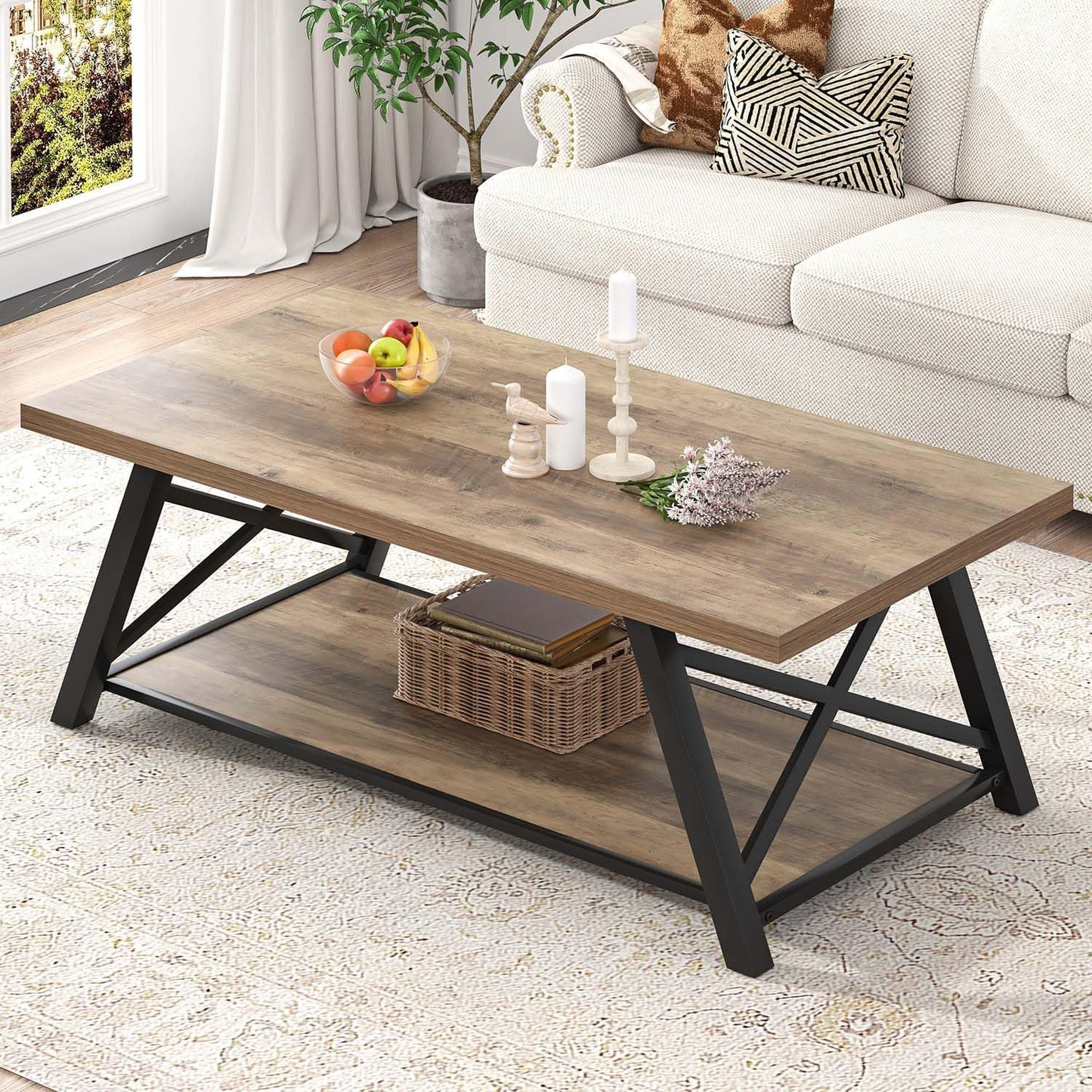 EXCEFUR Modern Coffee Table, Rectangle Center Table for Living Room with Storage Shelf, Industrial Wood and Metal Cocktail Tea Table, Rustic Oak, 47 Inch — Rustic Oak
