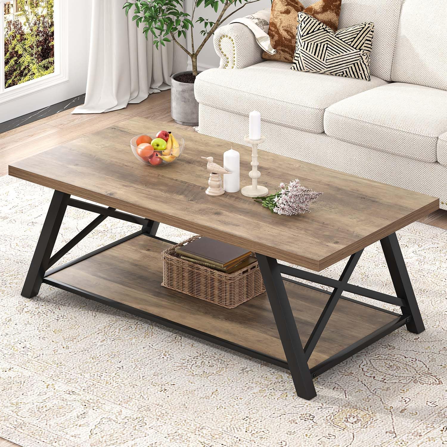 EXCEFUR Modern Coffee Table, Rectangle Center Table for Living Room with Storage Shelf, Industrial Wood and Metal Cocktail Tea Table, Rustic Oak, 47 Inch — Rustic Oak