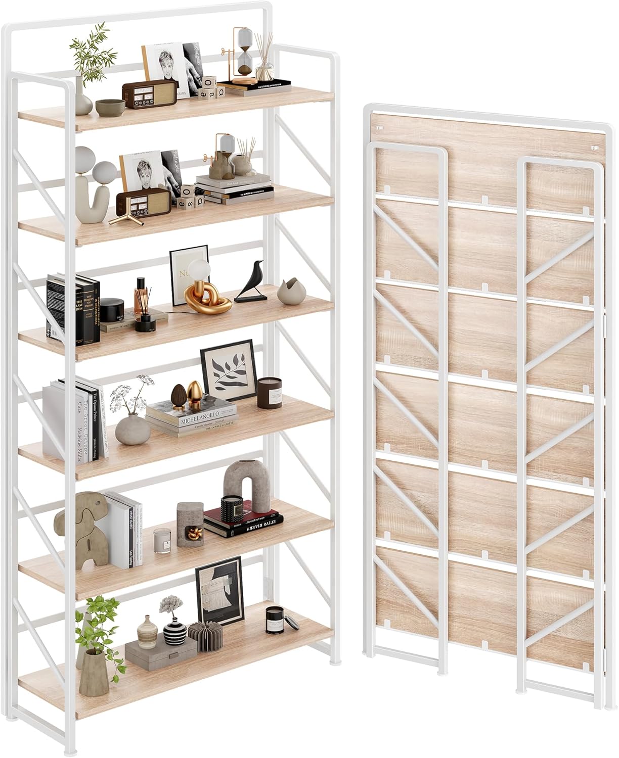 JSB No Assembly Folding Bookshelf, 4 Tier Industrial Metal Book Shelf for Storage, Vintage Wood Foldable Bookcase for Living Room, Bedroom, Office Organization Shelves — White / Wide 6-Tier
