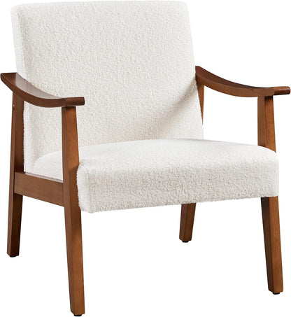 Yaheetech Corduroy Accent Chair, Mid-Century Modern Armchair with Solid Wood Legs, Reading Leisure Chair with High Back for Living Room Bedroom Waiting Room Dark Green — Ivory / Polyester Boucle Fabric